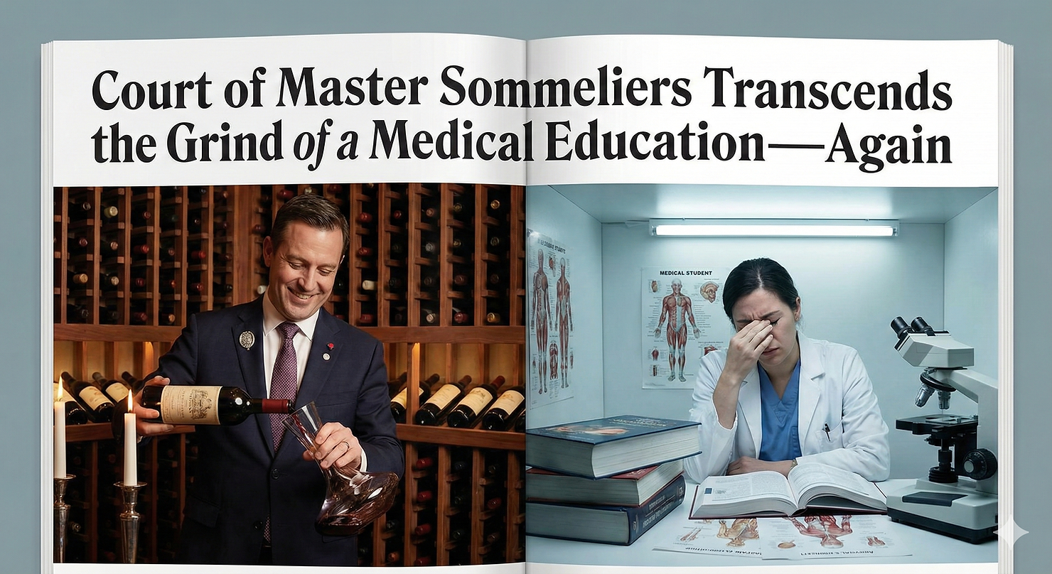 Split image contrasting a smiling sommelier pouring wine in a candlelit wine cellar with an exhausted medical student in a lab coat studying at a desk, surrounded by thick textbooks and a microscope, rubbing their forehead.
