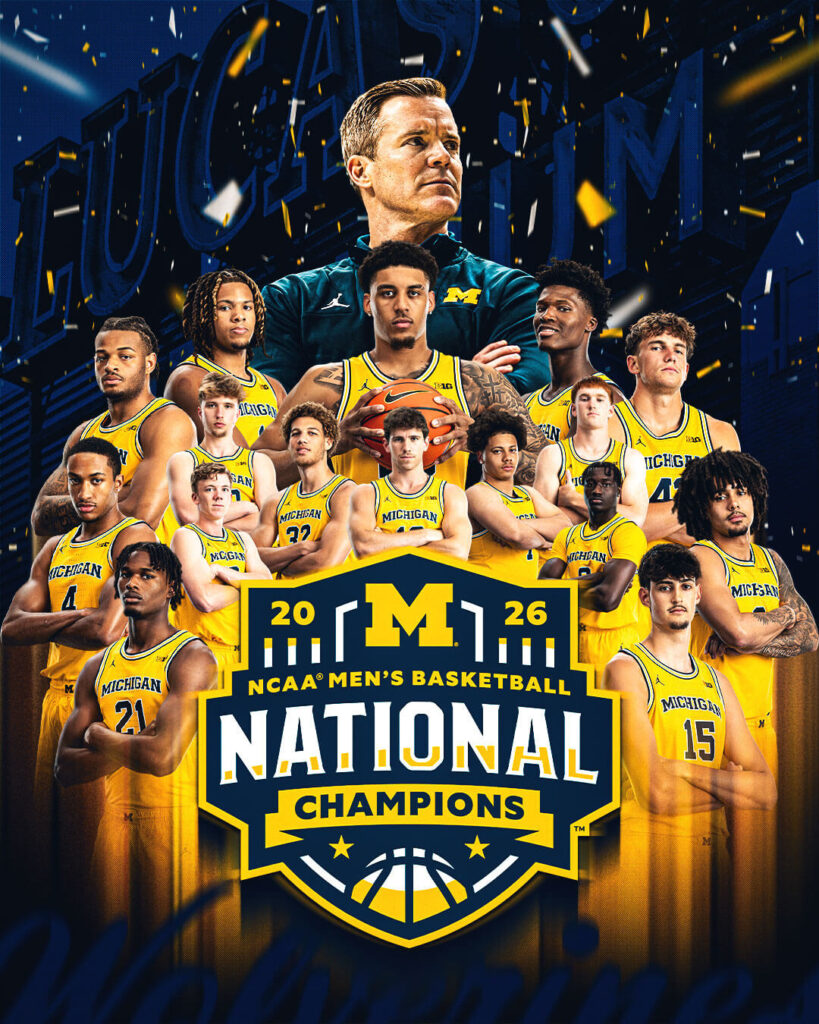 Michigan Wolverines men's basketball team celebrating a 2026 NCAA Men’s Basketball National Champions title. With a championship emblem primarily in Michigan's blue and maize colors and celebratory confetti in the air.